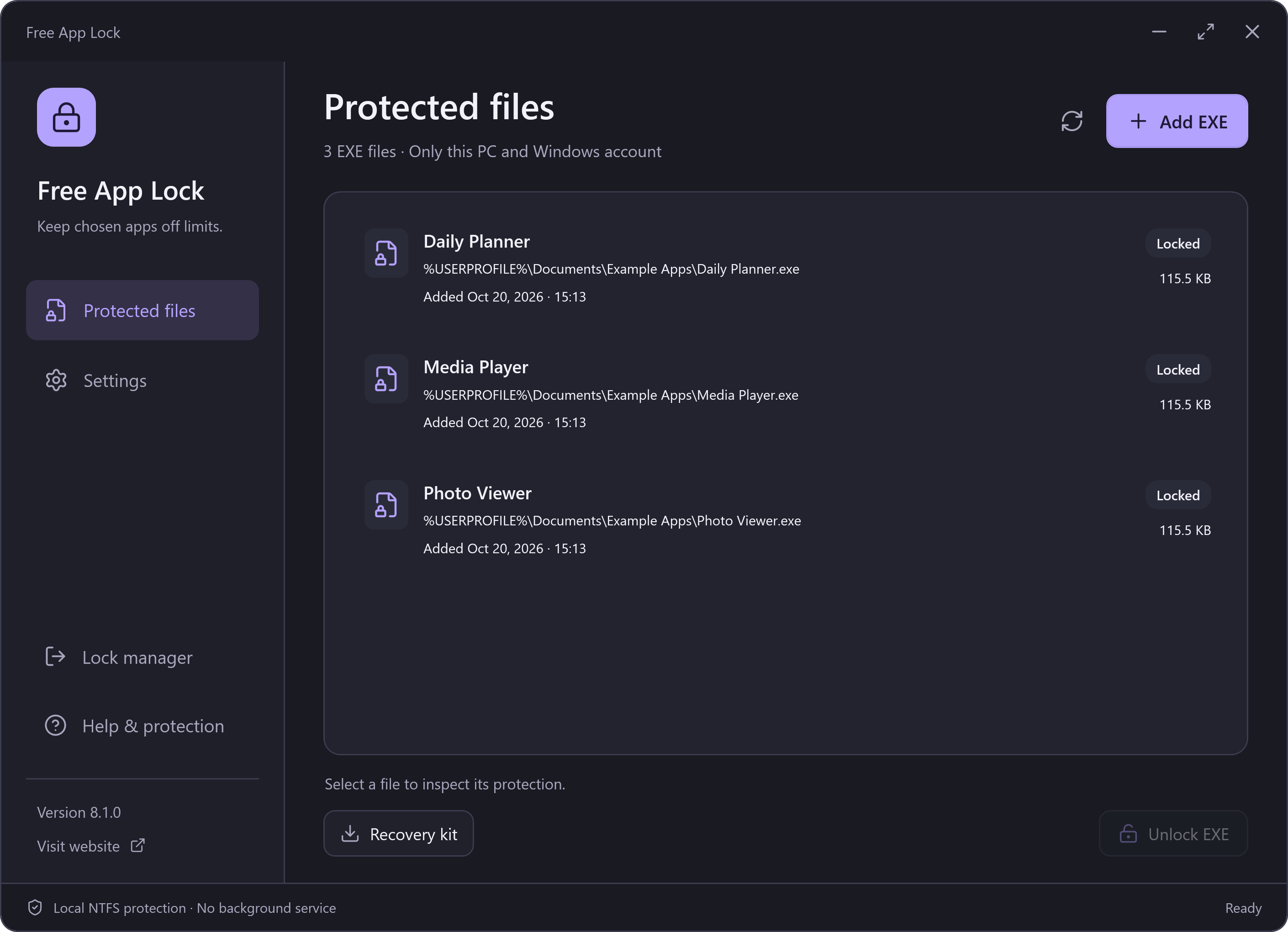Free App Lock 8.1.0 dark view — same real workspace